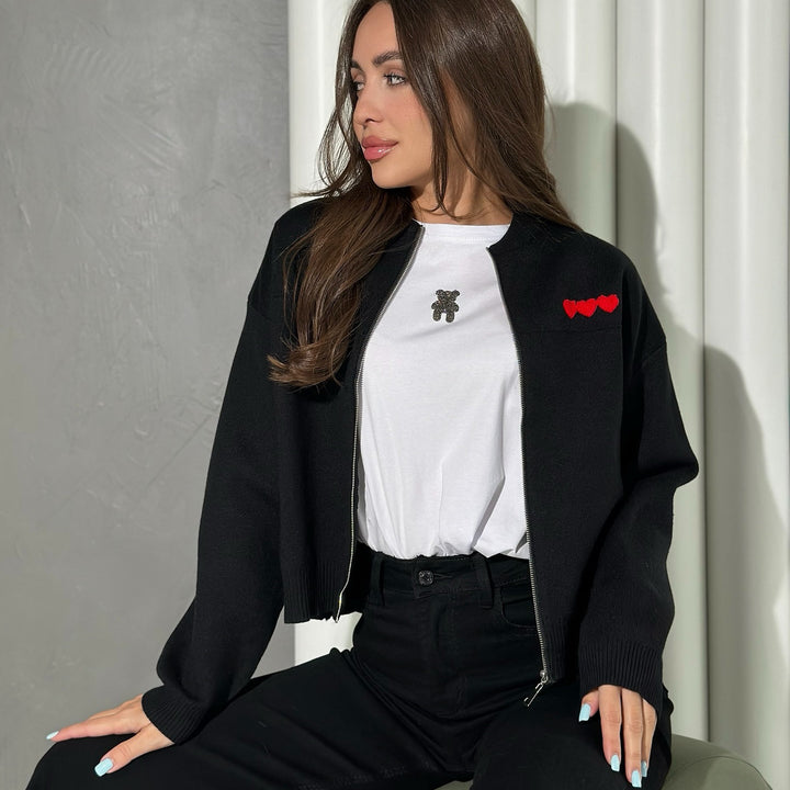 Damen lässige kurzärmlige Strickjacke mit Herzapplikationen Drune