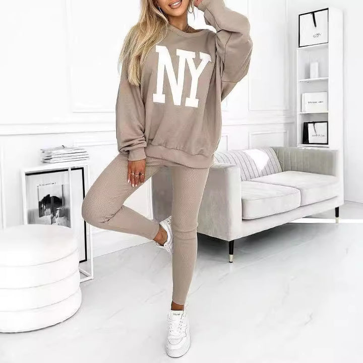 Damen lässiger Oversized-Pullover mit floralem Logo und passender Leggings Drune