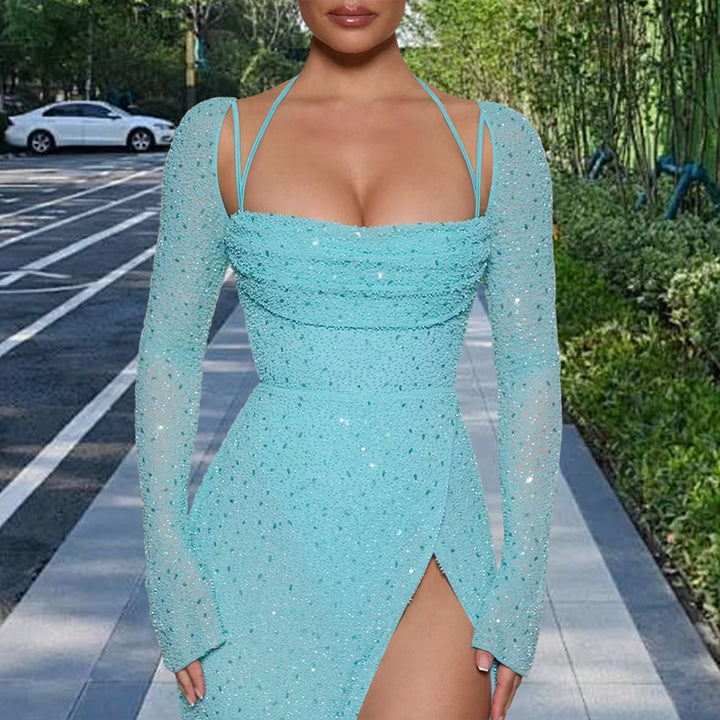 Damen Glamouröses Maxikleid mit schimmernden Details und seitlichem Schlitz Drune