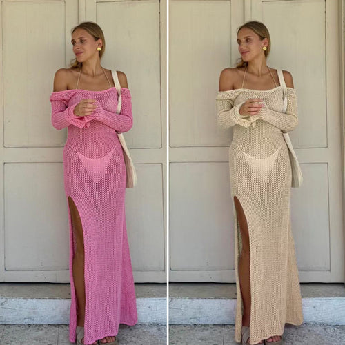 Damen Häkel-Maxikleid mit offener Schulterpartie und seitlichem Schlitz Drune