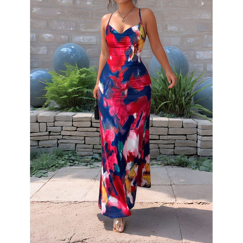 Damen Maxikleid mit floralem Aquarelldruck und schmalen Spaghetti-Trägern Drune