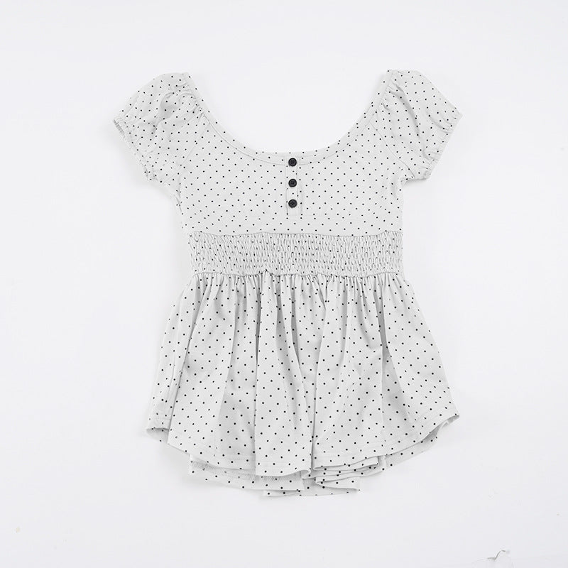 Damen Verspieltes Polka Dots Oberteil mit Rüschen und Knopfleiste Drune