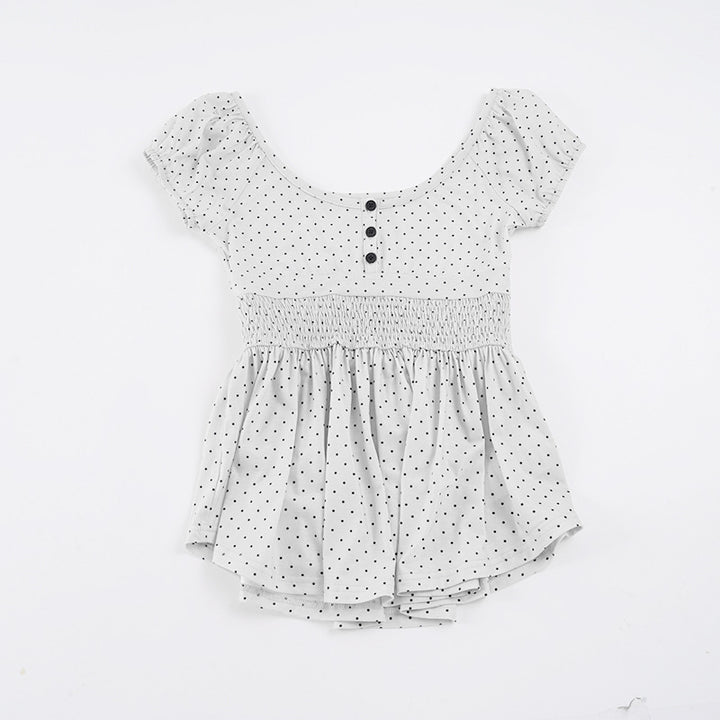 Damen Verspieltes Polka Dots Oberteil mit Rüschen und Knopfleiste Drune