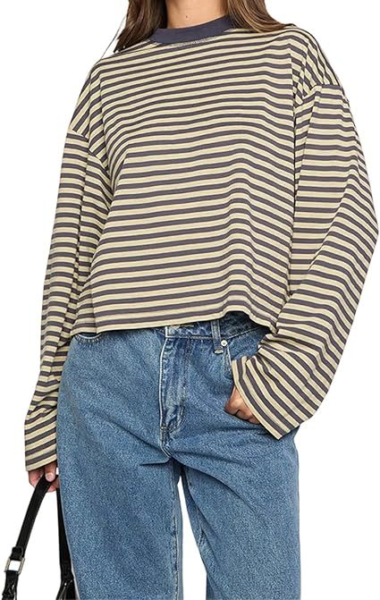 Damen bequemes Streifen-T-Shirt mit langen Ärmeln Drune