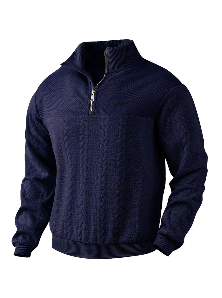 Herren nan texturierter Strickpullover mit Halbzip, geflochtenem Zopfmuster und hohem Stehkragen Drune