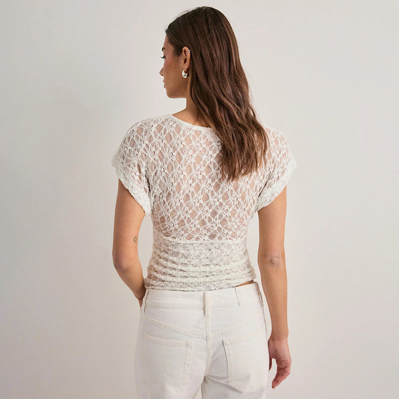 Damen Elegantes Spitzenoberteil mit V-Ausschnitt und weitem Schnitt Drune
