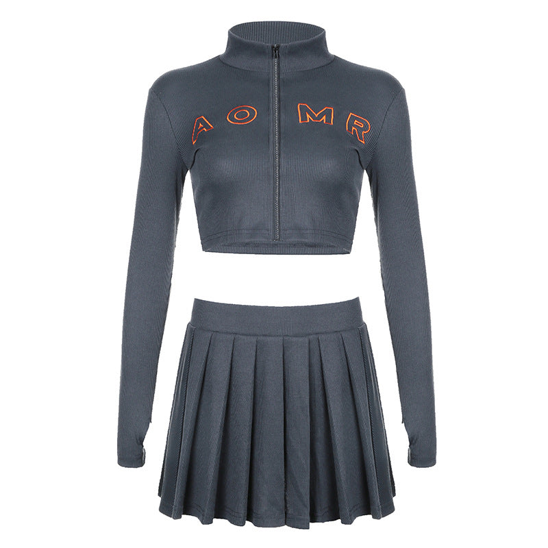 Damen nan geripptes zweiteiliges Crop-Set mit Reißverschluss, Stehkragen und plissiertem Faltenrock Drune