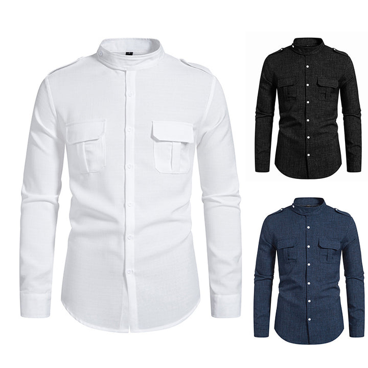 Herren Langarmhemd mit eleganten Brusttaschen und modernem Stehkragen Drune