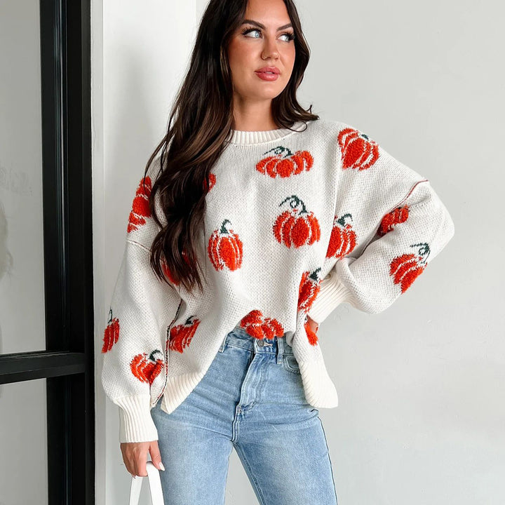 Damen Großer Strickpullover mit Kürbis-Motiv Drune