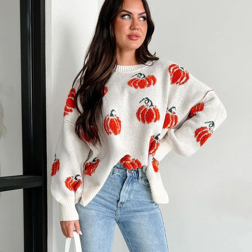 Damen Großer Strickpullover mit Kürbis-Motiv Drune