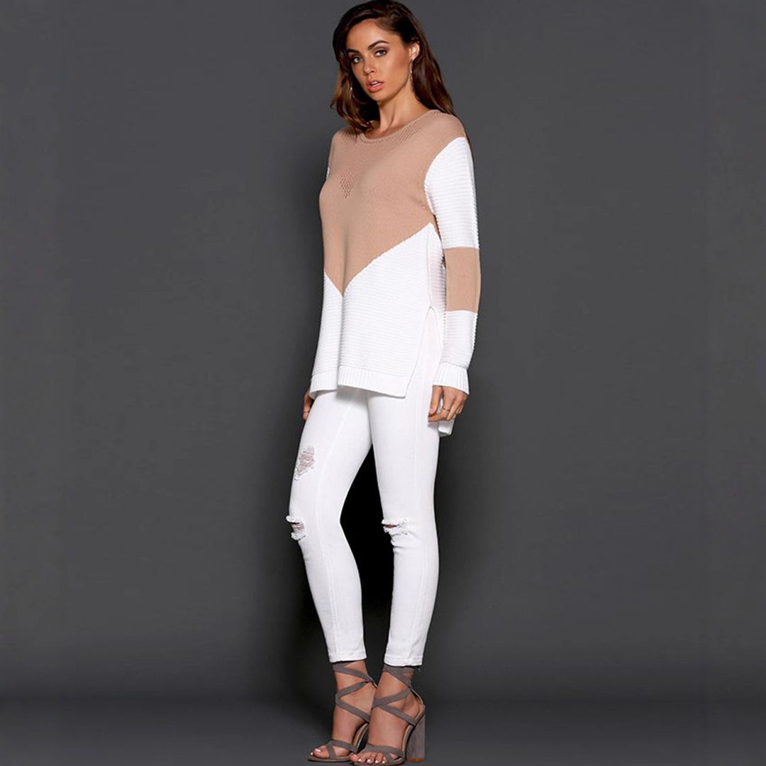 Damen Strickpullover mit modischem Strukturdesign und kontrastierenden Ärmeln Drune