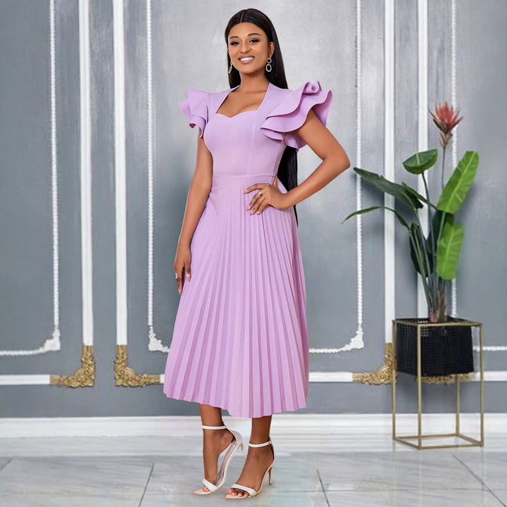 Damen plissiertes Maxikleid mit eleganten Rüschendetails Drune