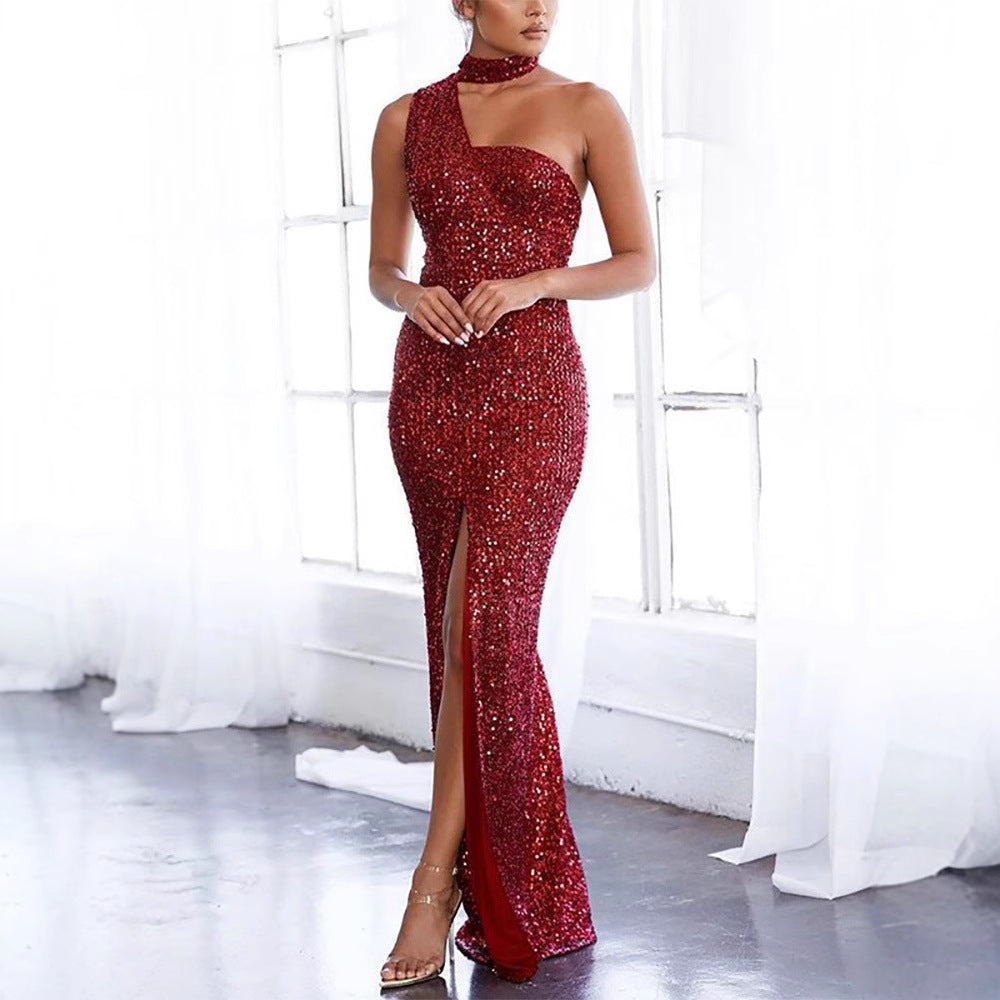 Damen Glamouröses Abendkleid mit asymmetrischem Design und funkelnden Pailletten Drune