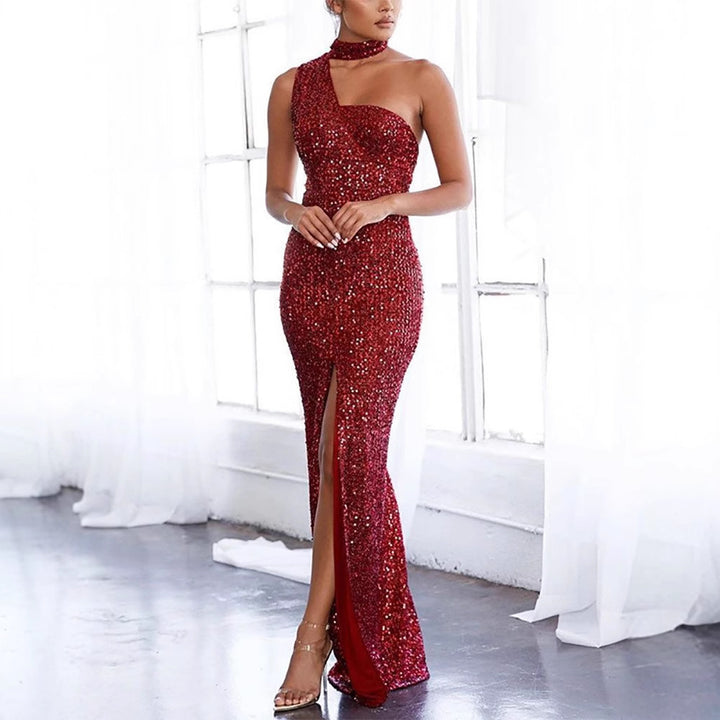 Damen Glamouröses Abendkleid mit asymmetrischem Design und funkelnden Pailletten Drune