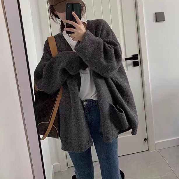 Damen Oversized Strickjacke mit praktischen Taschen und V-Ausschnitt Drune