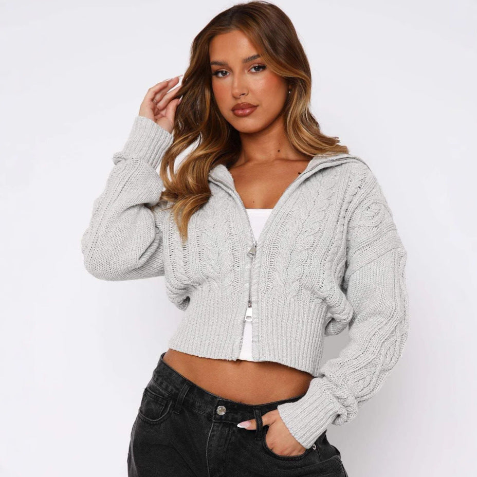 Damen modischer kurz geschnittener Strickcardigan mit Zopfmuster und Reißverschluss Drune
