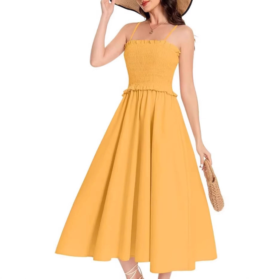 Damen Midi-Kleid mit elastischem Oberteil und weiten Rock Drune