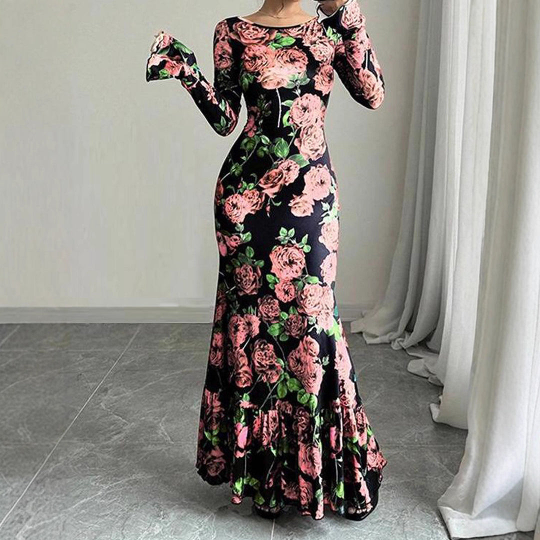 Damen Elegantes Maxikleid mit floralen Rüschendetails und langem Arm Drune