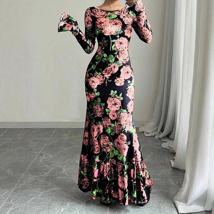 Damen Elegantes Maxikleid mit floralen Rüschendetails und langem Arm Drune