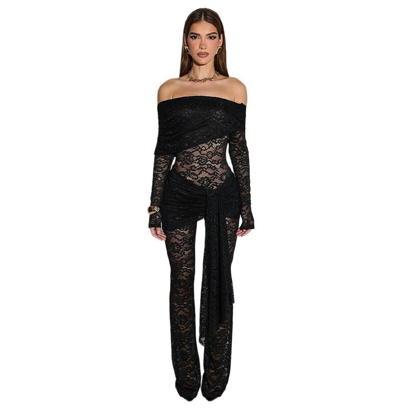 Damen Spitzenbody mit schulterfreier Silhouette und eleganter Drapierung Drune