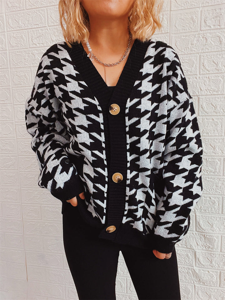Damen lässige Strickjacke mit modernem Hundezahlenmuster Drune
