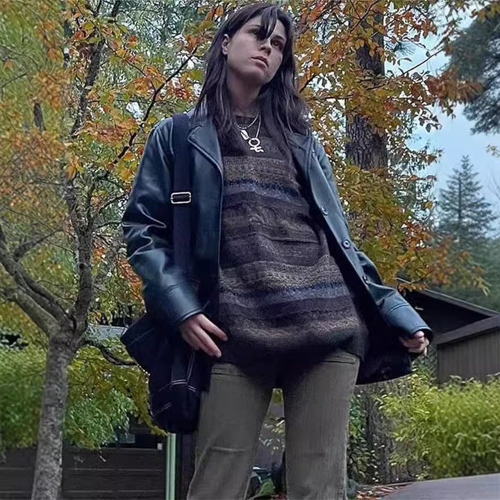 Damen kuscheliger Oversized-Pullover mit buntem Streifenmuster und weiten Ärmeln Drune