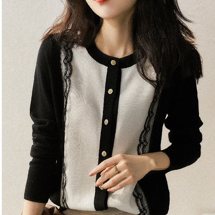 Damen elegante Strickjacke mit Spitzenbesatz Drune