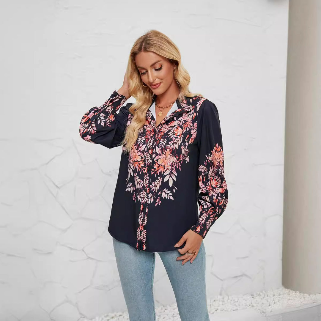 Damen elegante Bluse mit floralem Druck und weit geschnittenen Ärmeln Drune