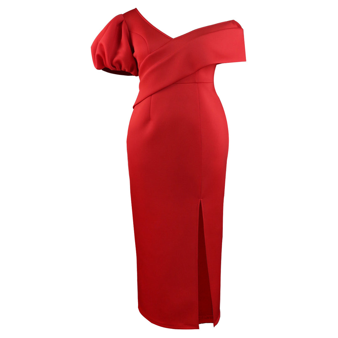 Damen Elegantes Maxikleid mit asymmetrischem Ausschnitt und voluminösen Puffärmeln Drune