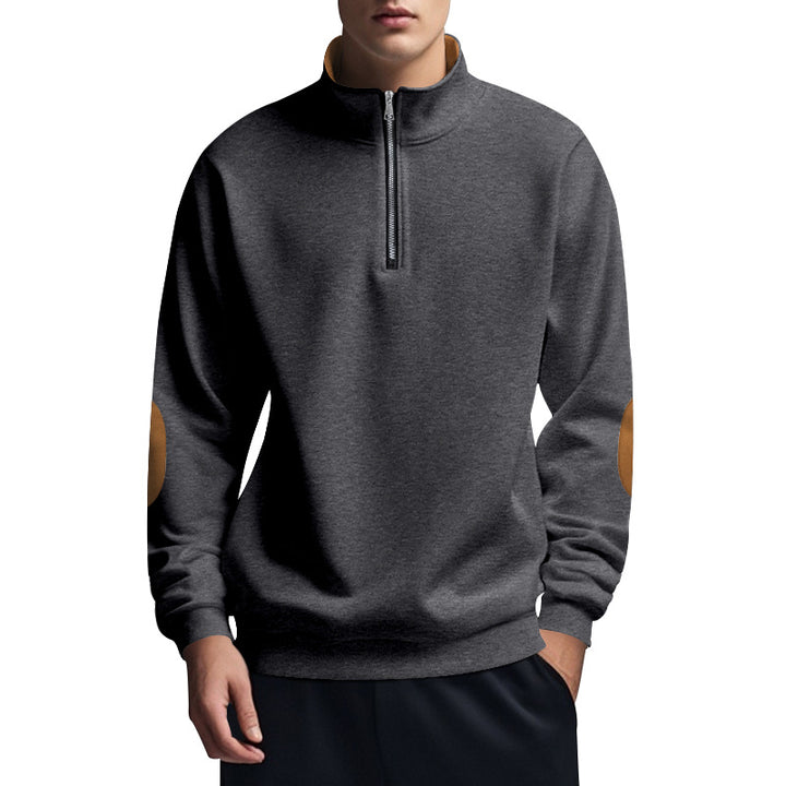 Herren nan halbhoher Zip-Pullover mit Stehkragen, Ellbogen-Patches und modernem Regular Fit Drune
