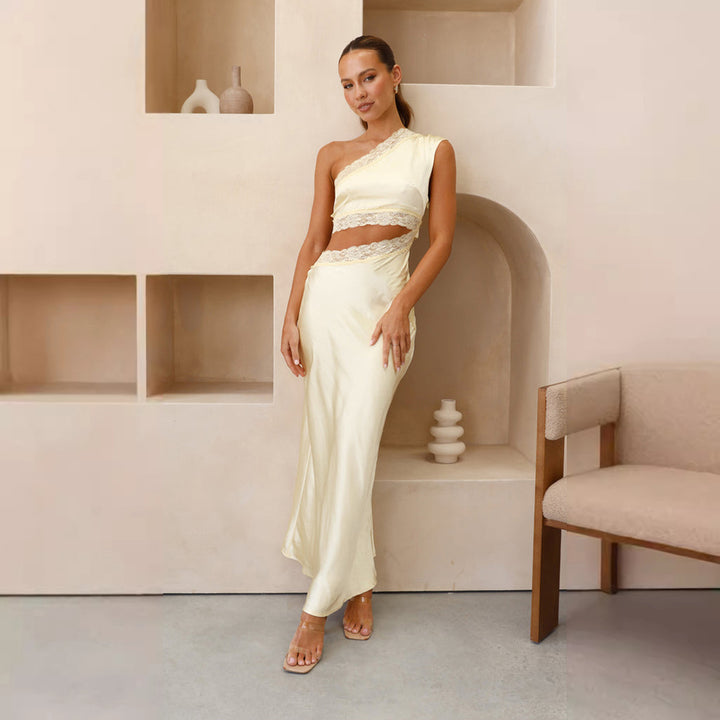 Damen elegantes Abendkleid mit asymmetrischem Design und luxuriösen Spitzendetails Drune