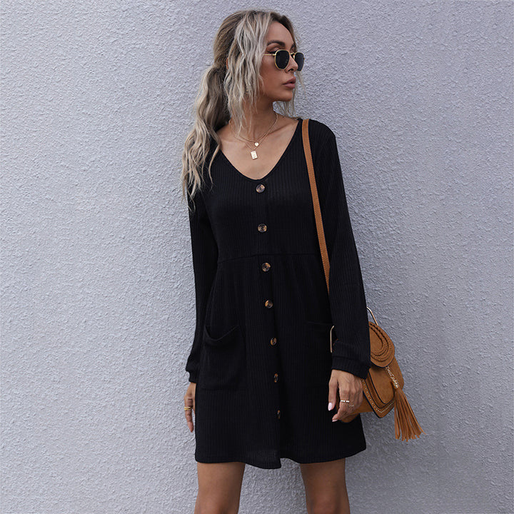 Damen lässiges Strickkleid mit Knopfleiste und Taschen Drune