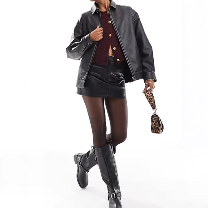 Damen Kunstlederjacke mit lässigem Schnitt und praktischen Reißverschlusstaschen Drune