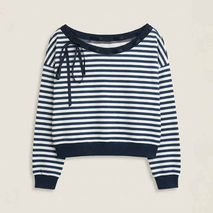 Damen lässiges Off-Shoulder Sweatshirt mit gestreiftem Design Drune