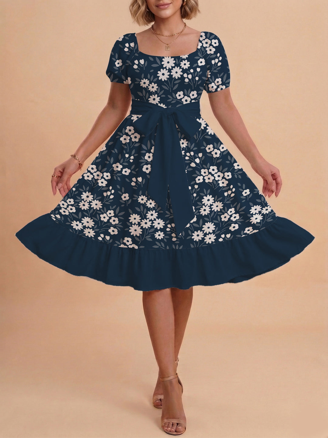 Damen Blumenkleid mit taillierbarem Gürtel und voluminösen Ärmeln Drune