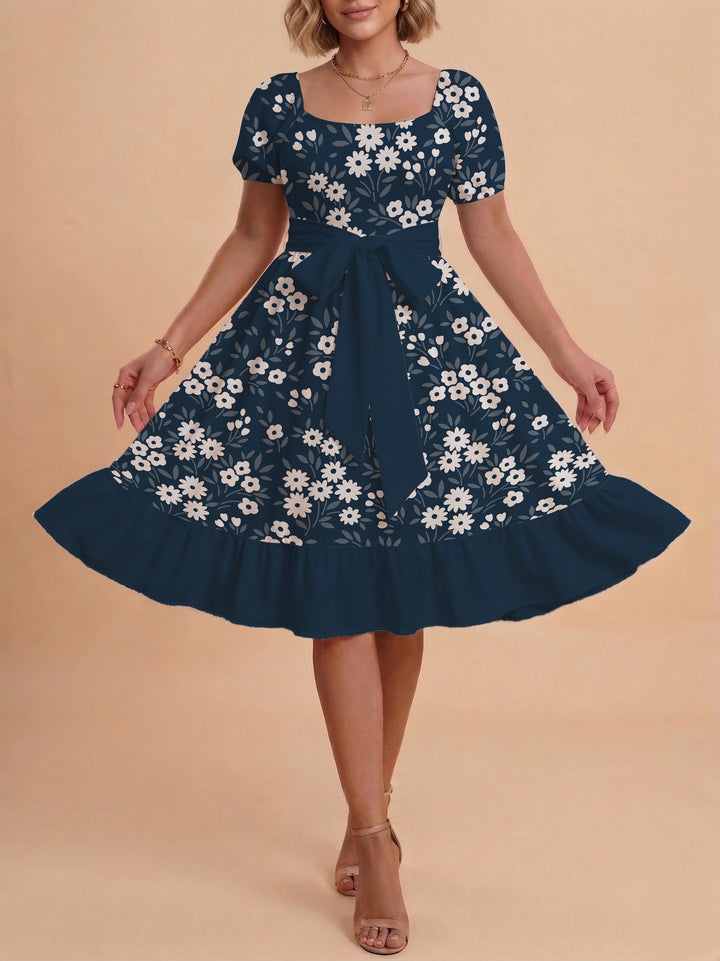 Damen Blumenkleid mit taillierbarem Gürtel und voluminösen Ärmeln Drune