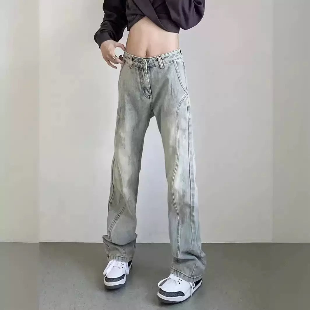 Damen weite High-Waist Denim-Jeans mit distressed Optik und bequemen Seitentaschen Drune