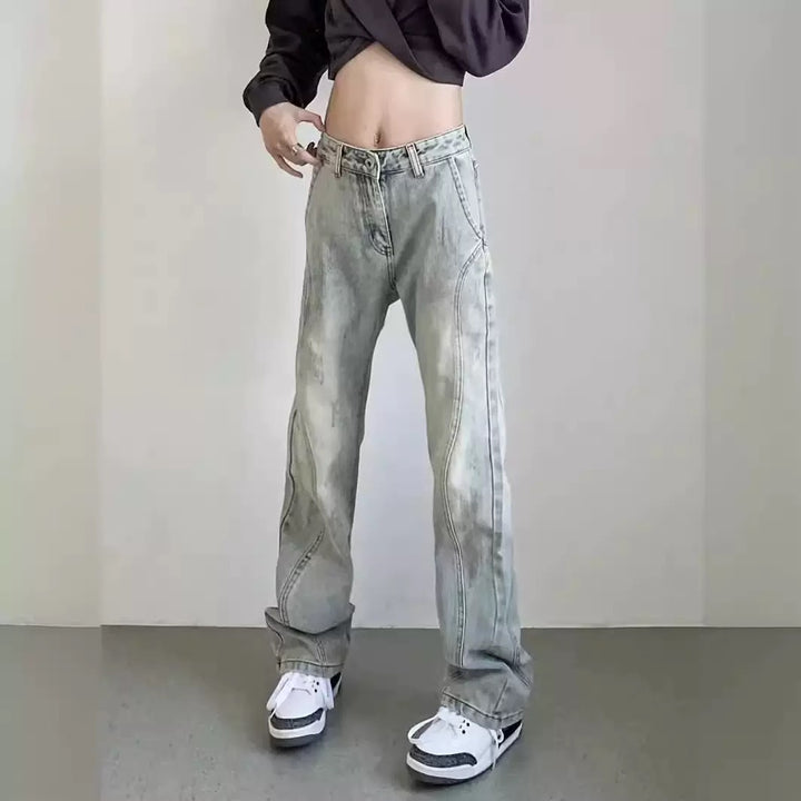 Damen weite High-Waist Denim-Jeans mit distressed Optik und bequemen Seitentaschen Drune