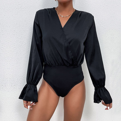 Damen eleganter Body mit V-Ausschnitt und voluminösen Ärmeln Drune