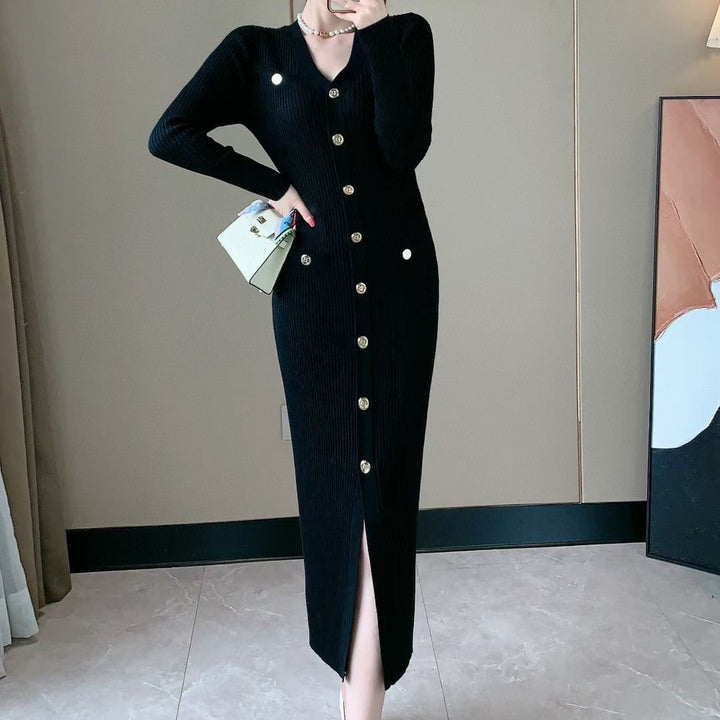 Damen Strickkleid mit Knopfleiste und tiefem Schlitz Drune