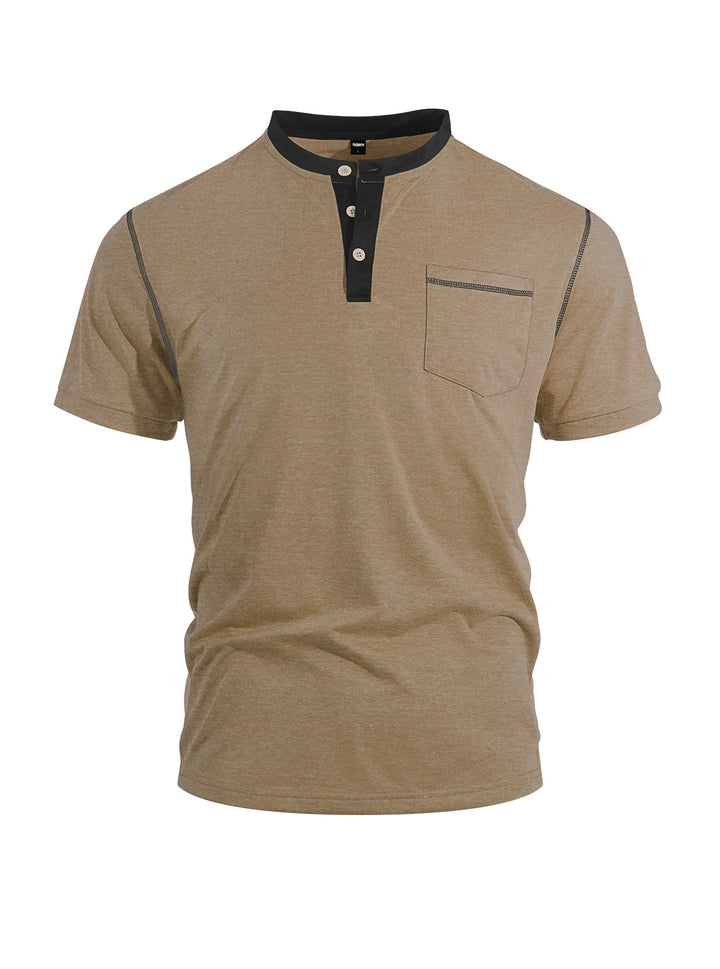 Herren nan legeres Kurzarm-Bandkragenshirt mit Knopfleiste Brusttasche und Flatlocknähten Drune
