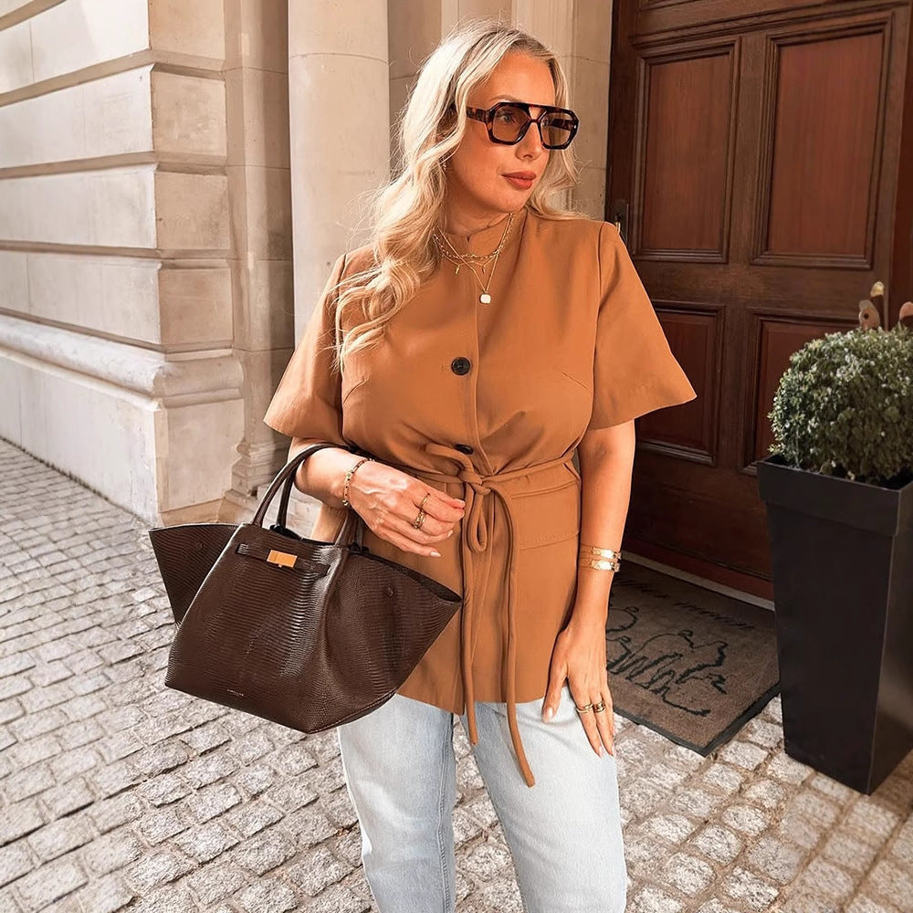 Damen modische Übergangsjacke mit Gürtel und praktischen Taschen Drune