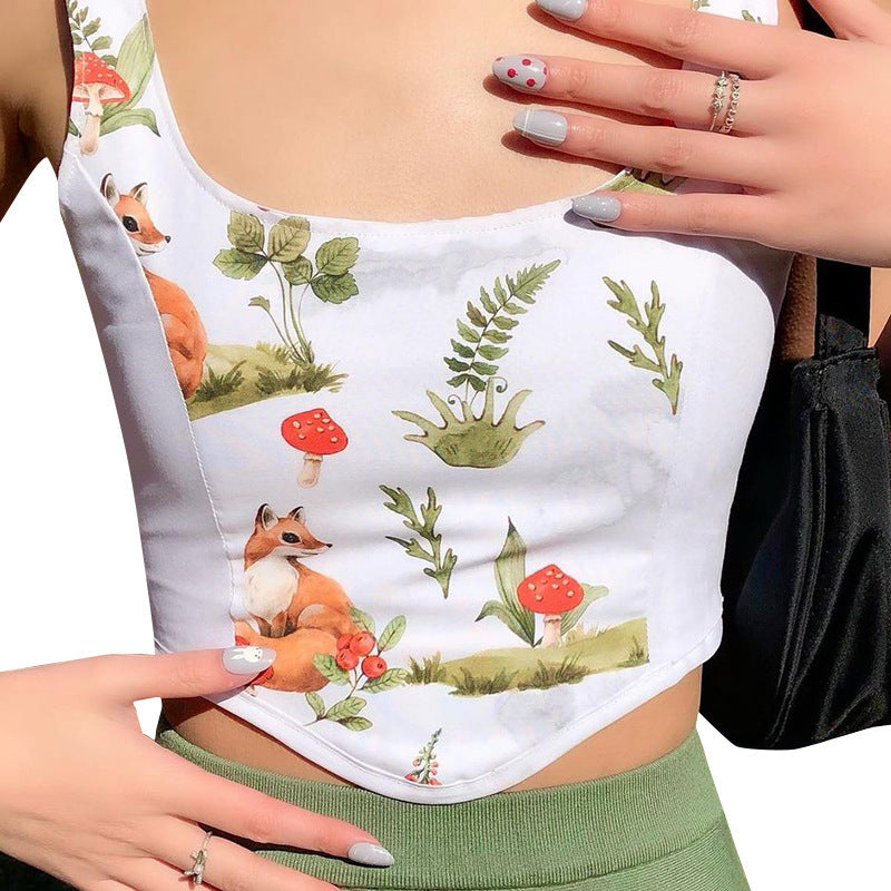 Damen Crop Top mit kunstvollem Flora-Design und verstellbaren Trägern Drune