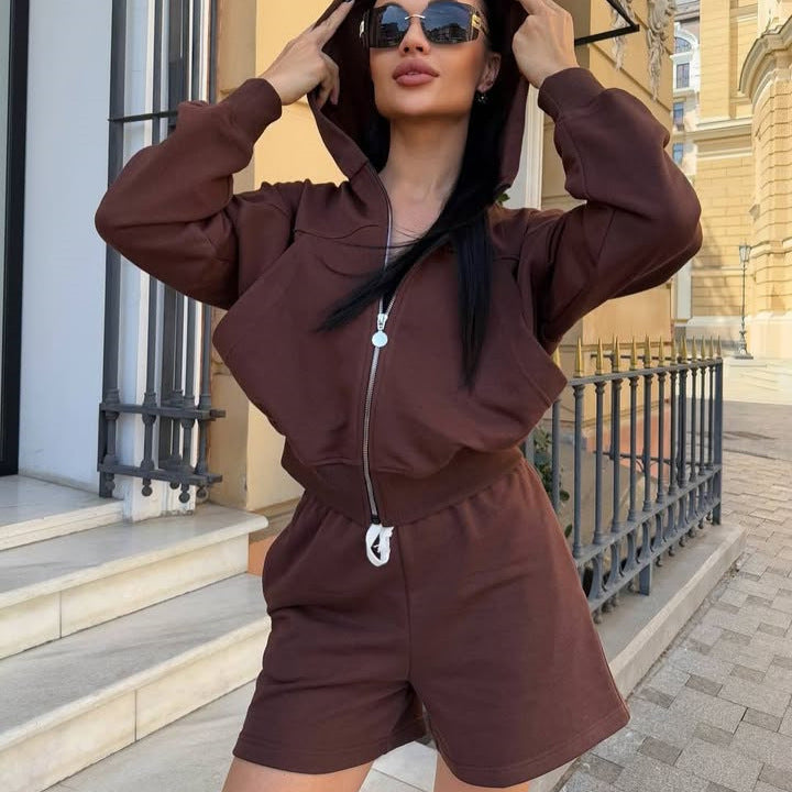Damen trendy Kapuzenjacke und Shorts Set Drune