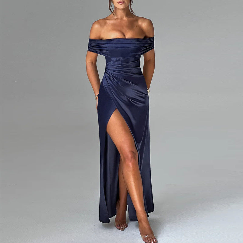 Damen schulterfreies Maxikleid mit eleganter Raffung und figurbetontem Schnitt Drune