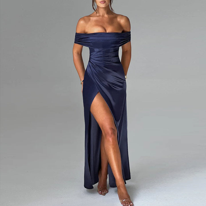 Damen schulterfreies Maxikleid mit eleganter Raffung und figurbetontem Schnitt Drune