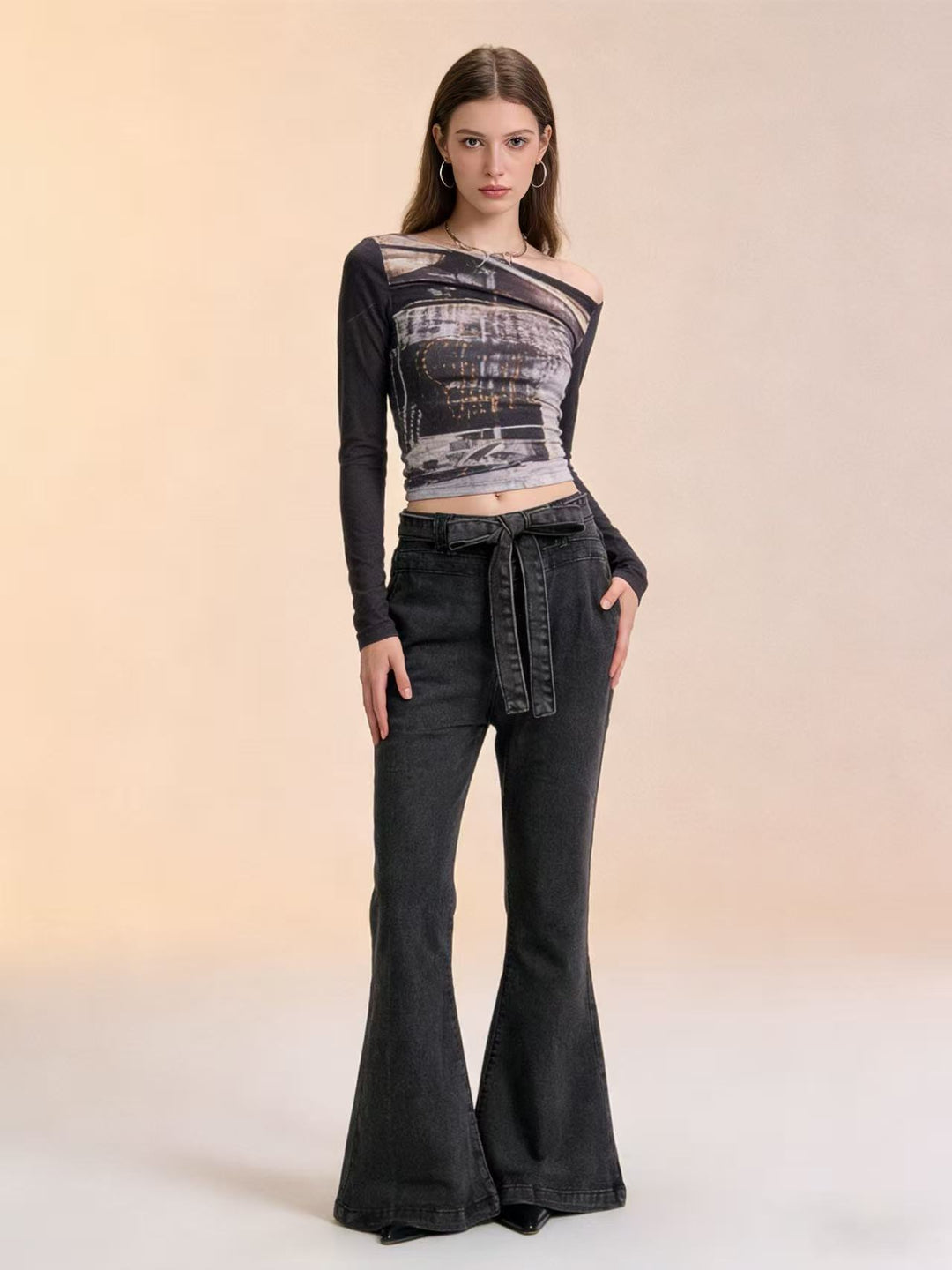 Damen nan High‑Waist Denimhose mit Schleifenbund, hoher Taille und weitem Schlag Drune