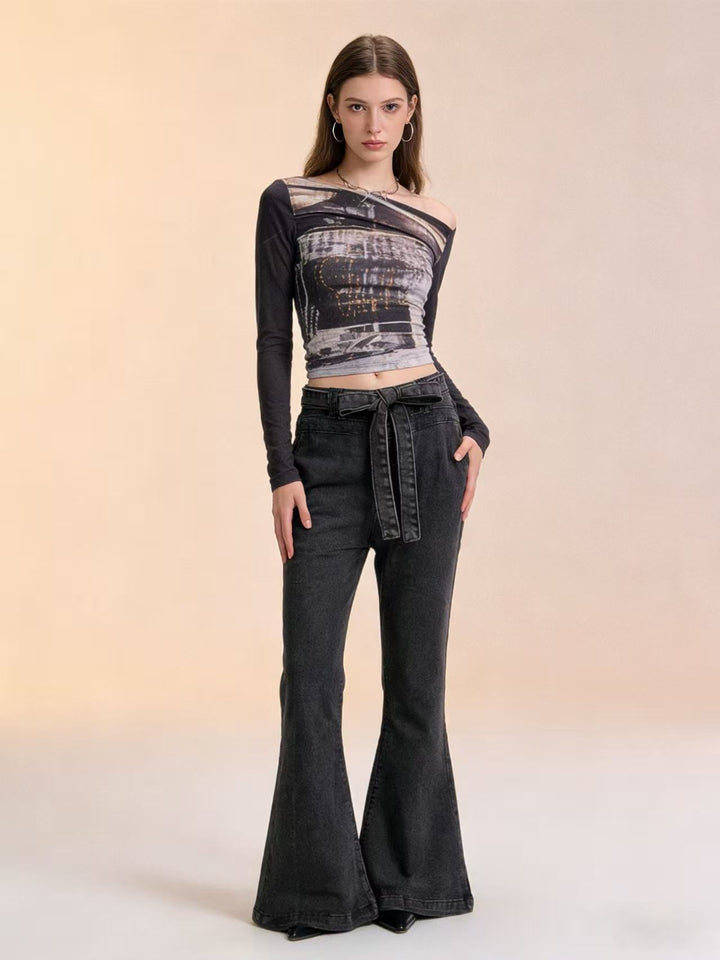 Damen Flared Jeans mit Gürtel und hohem Bund Drune
