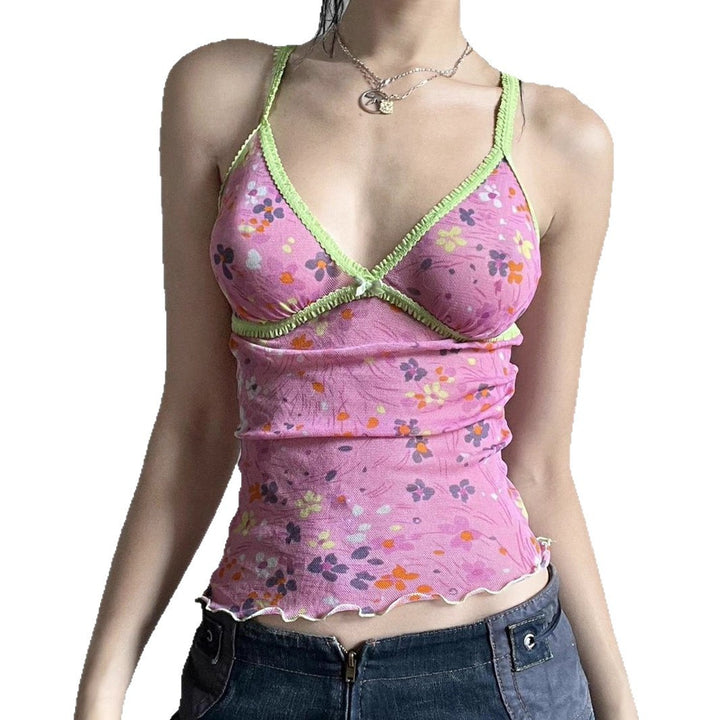 Damen Blumen Spaghetti Trägertop mit feinen Rüschendetails Drune