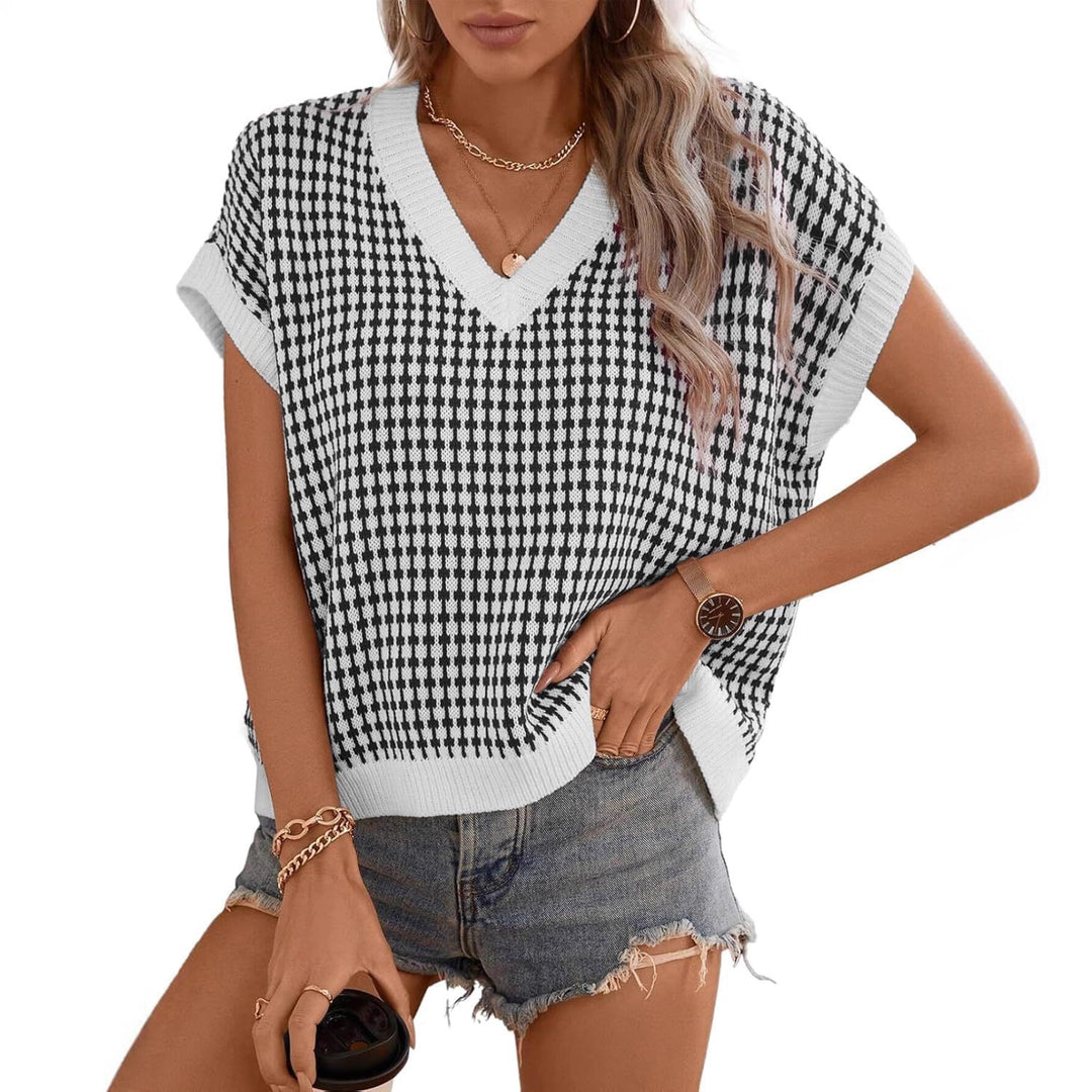 Damen Viskose Stricktop mit modernem Karomuster und V-Ausschnitt Drune